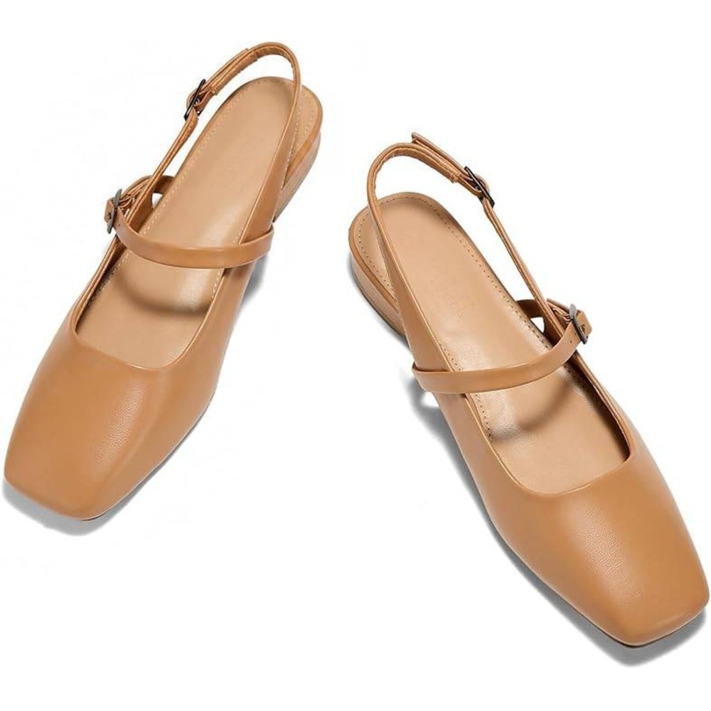 Camel Leather Square Toe Mary Jane Slingback Flats Double Strap NIB Sz 8